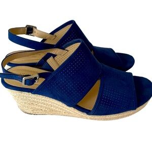 Liz Claiborne Memory Form Faux Suede Navy Blue Platform Wedge Sandals. Size 10